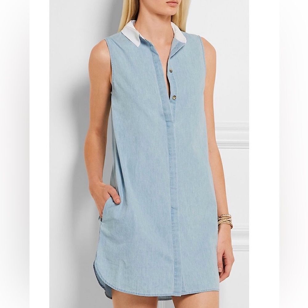 Equipment Femme Sleeveless Chambray Shirt Dress With White Collar Size S